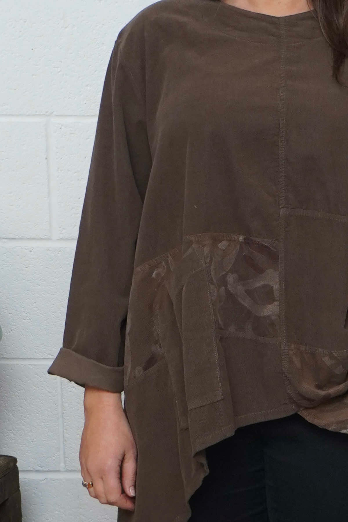 Berenice Print Detail Needlecord Top Nutmeg