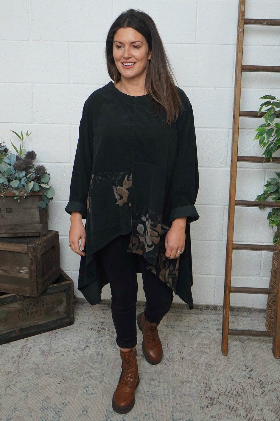 Berenice Print Detail Needlecord Top Black