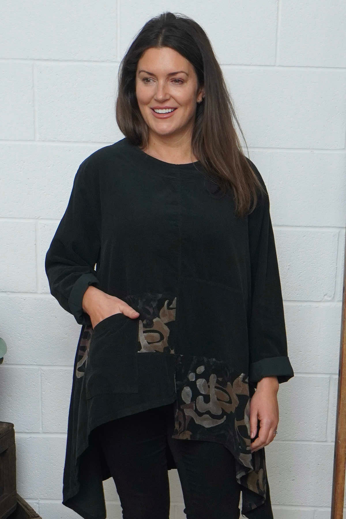 Berenice Print Detail Needlecord Top Black