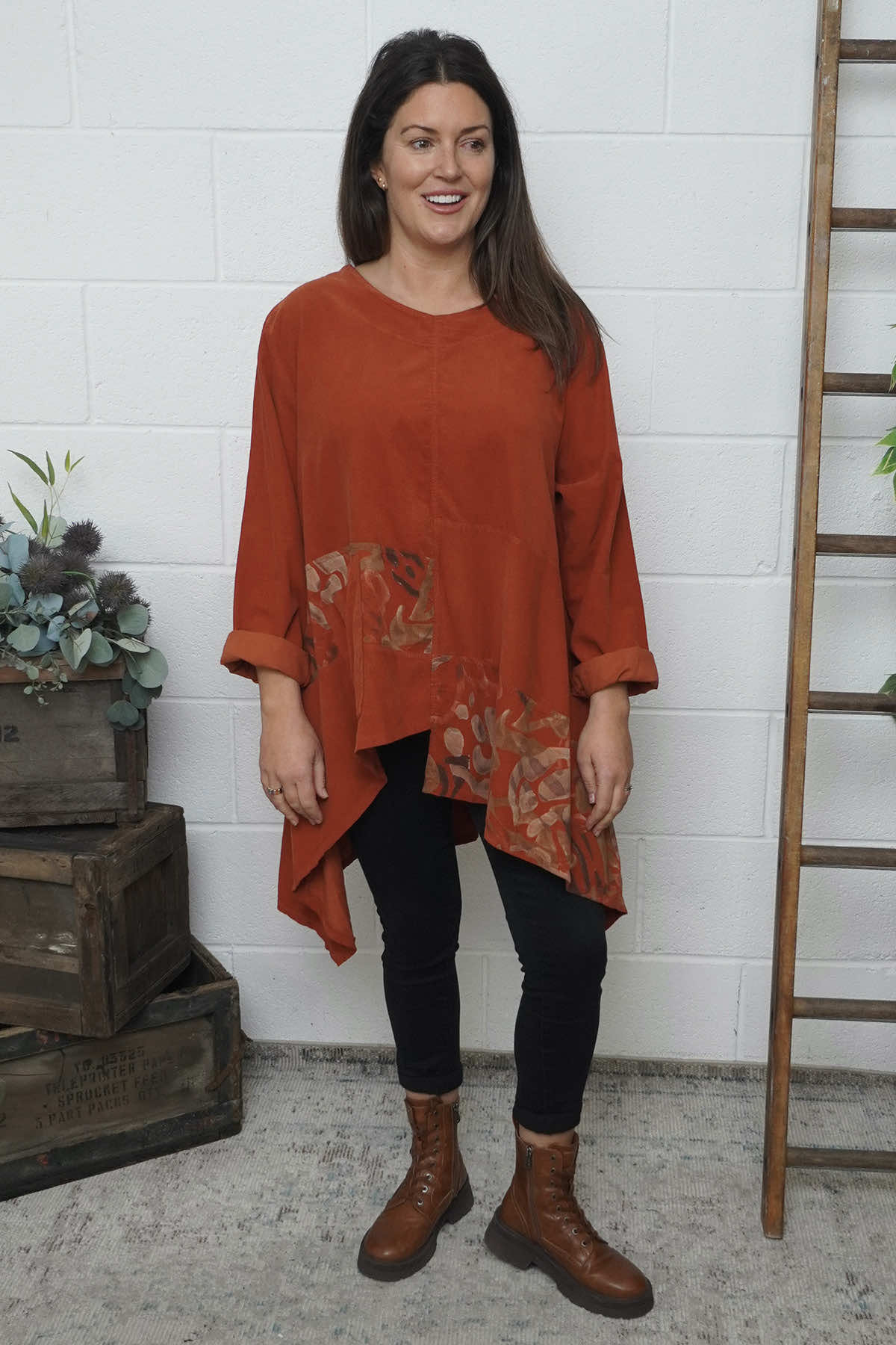 Berenice Print Detail Needlecord Top Burnt Orange