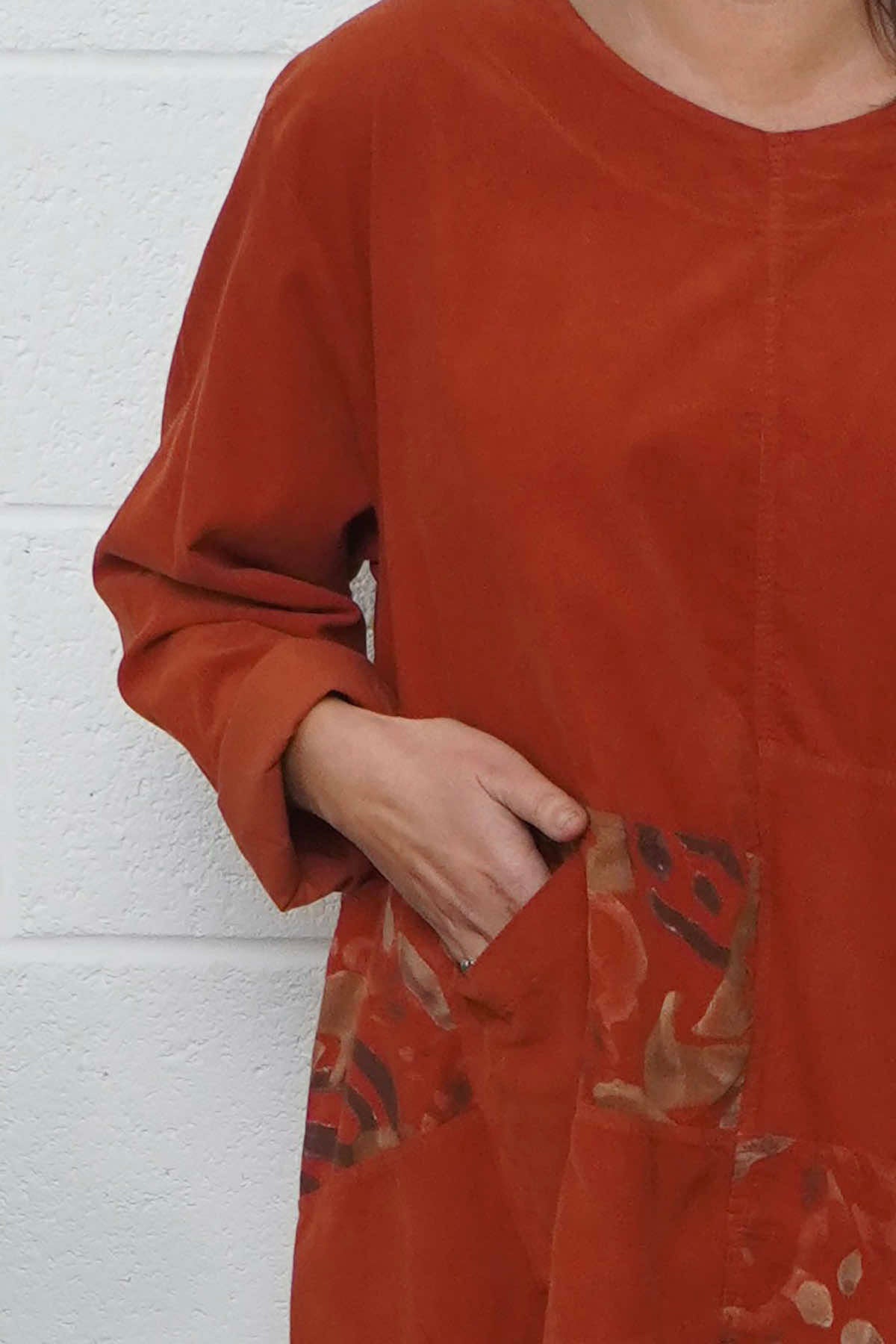 Berenice Print Detail Needlecord Top Burnt Orange