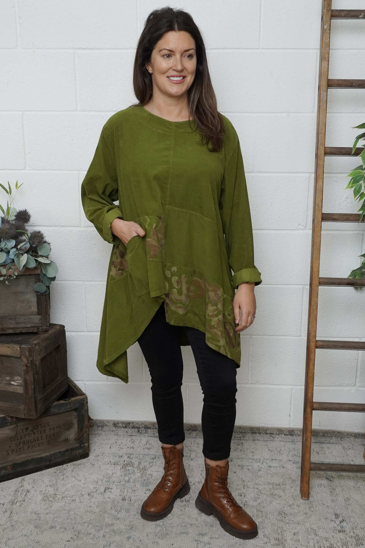 Berenice Print Detail Needlecord Top Olive