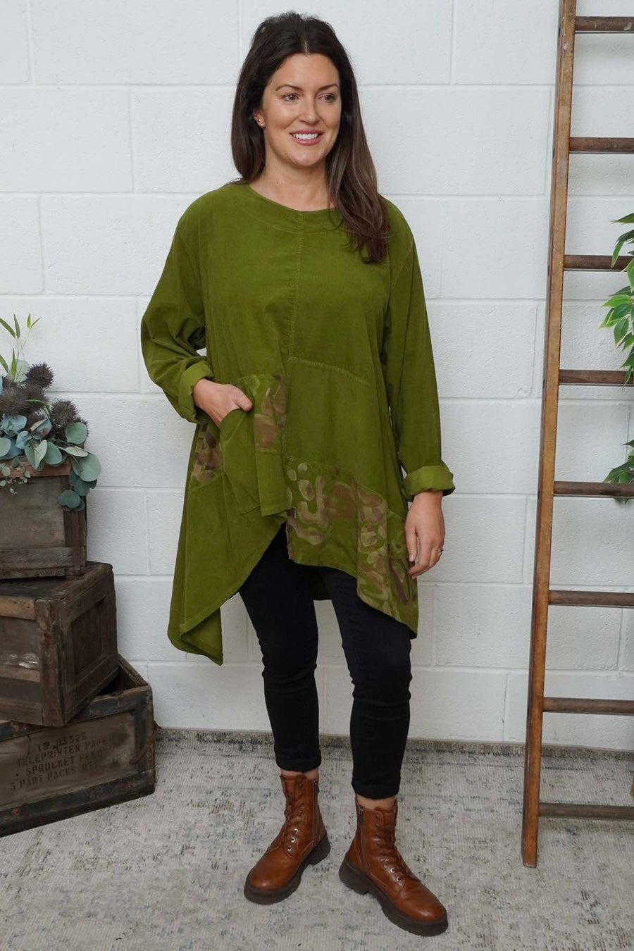 Berenice Print Detail Needlecord Top Olive