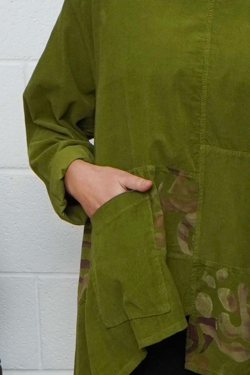 Berenice Print Detail Needlecord Top Olive - Image 3