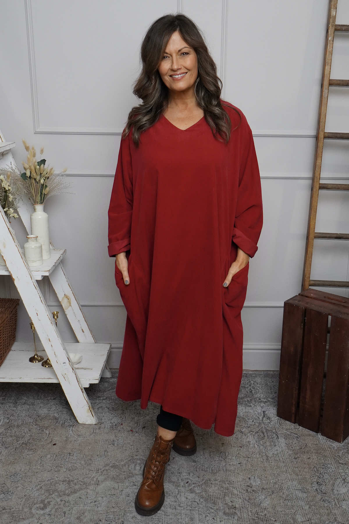 Cerys Cord Pocket Dress Wine