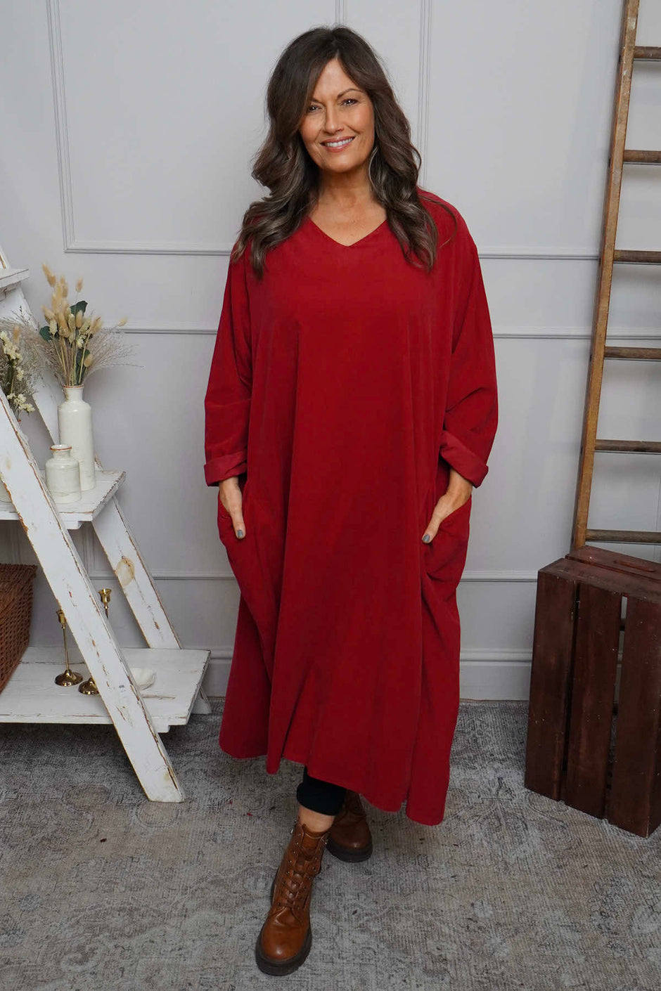 Cerys Cord Pocket Dress Wine