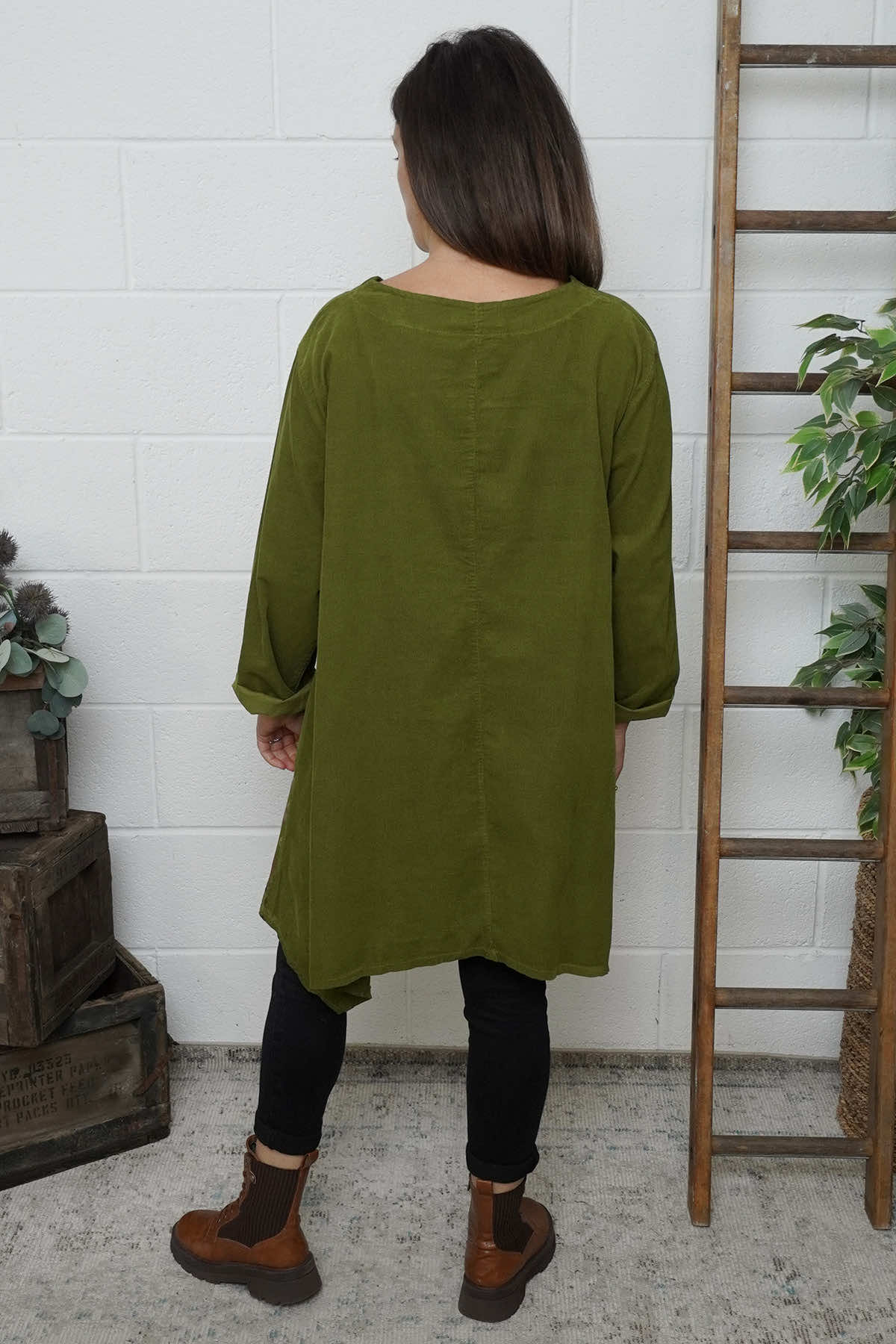 Berenice Print Detail Needlecord Top Olive