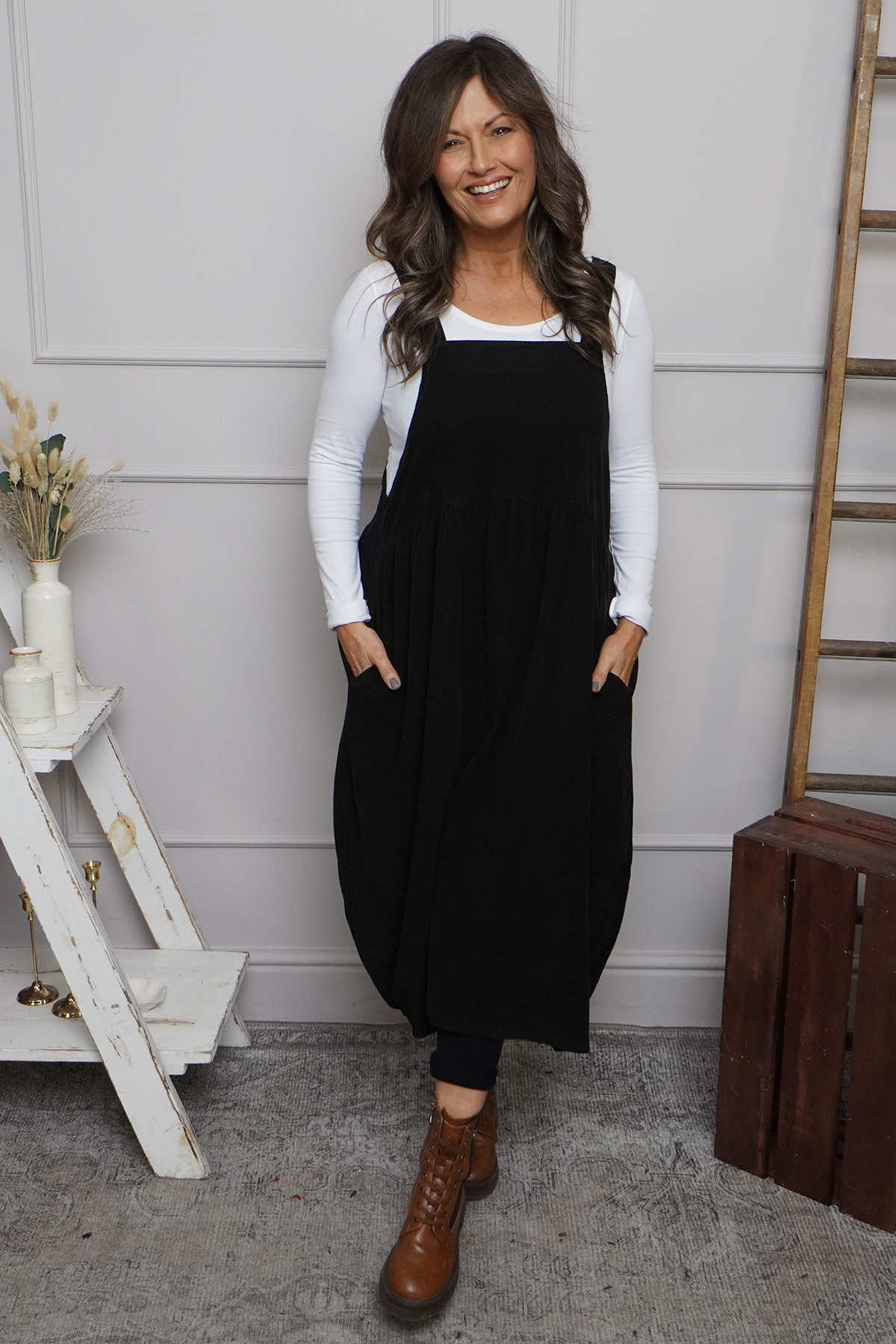 Meredith Needlecord Pinafore Black