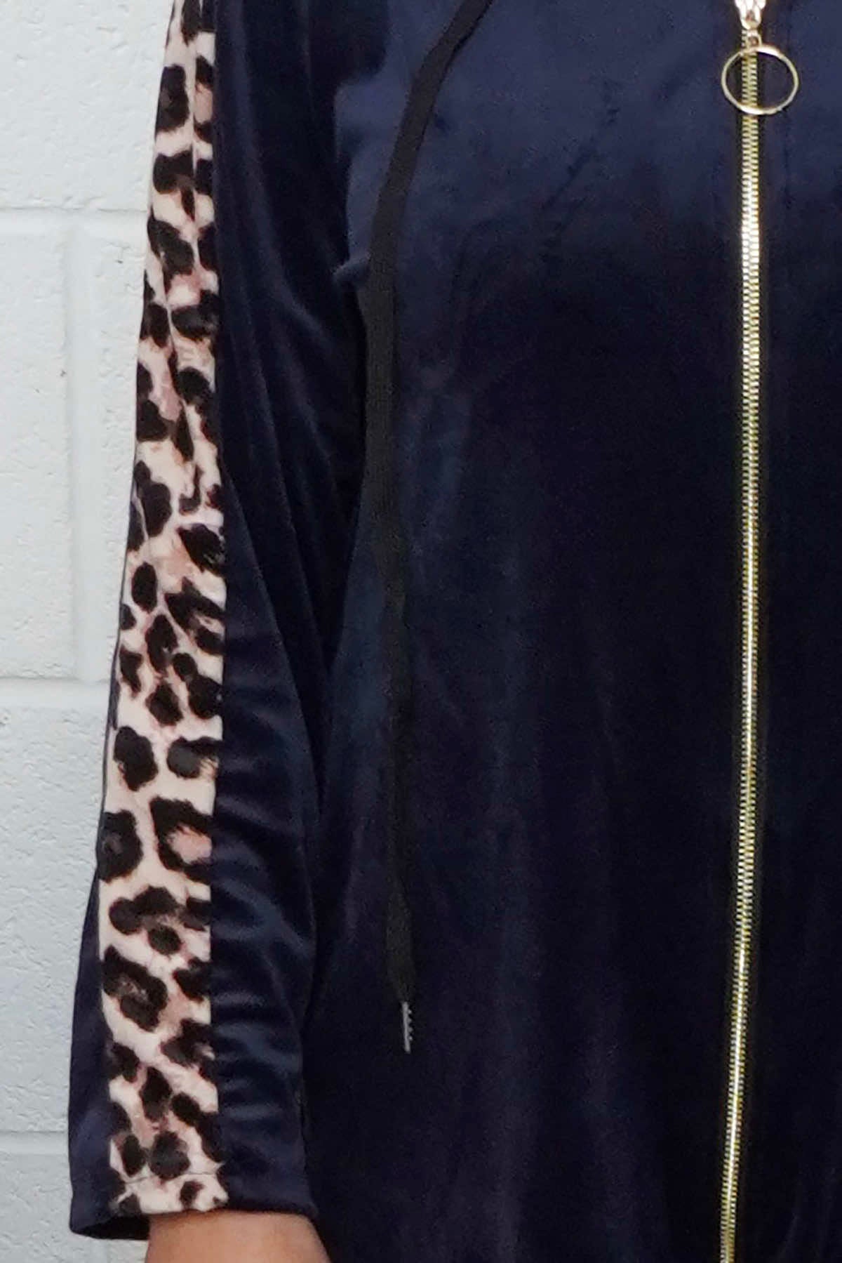 Rochelle Leopard Zip Hooded Top Navy