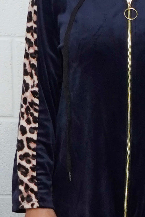 Rochelle Leopard Zip Hooded Top Navy - Image 3