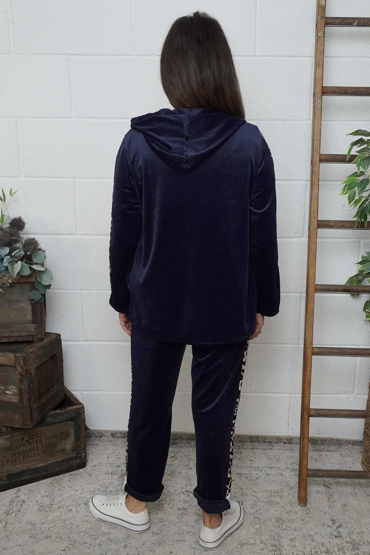 Rochelle Leopard Zip Hooded Top Navy