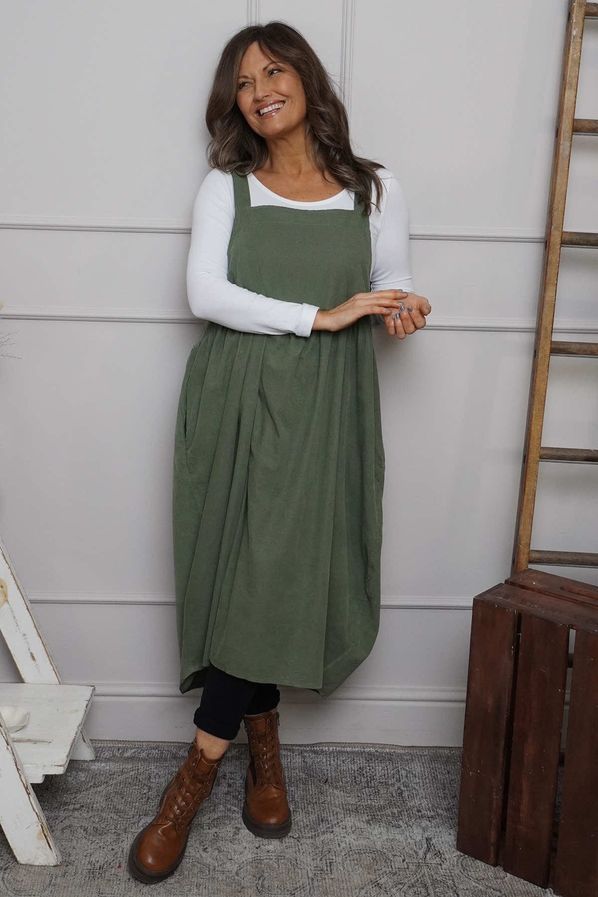 Meredith Needlecord Pinafore Khaki