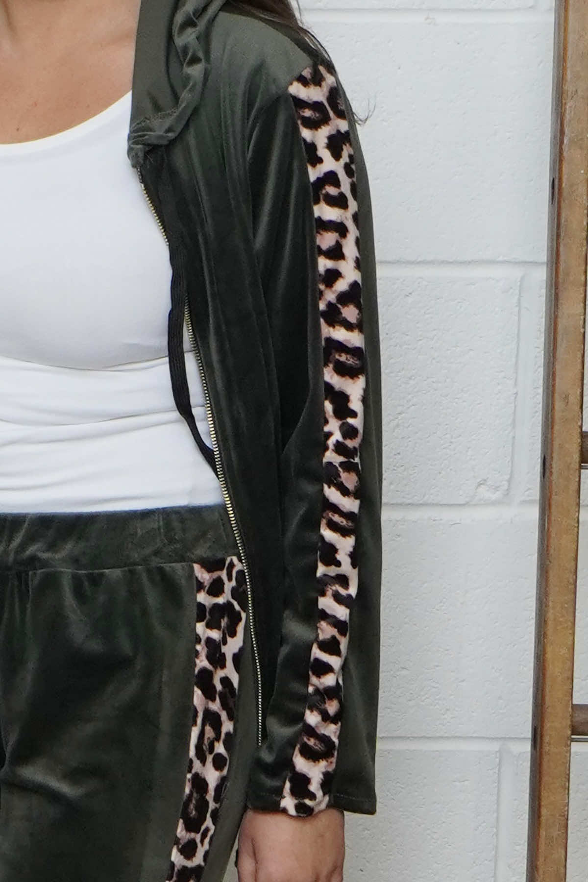 Rochelle Leopard Zip Hooded Top Khaki