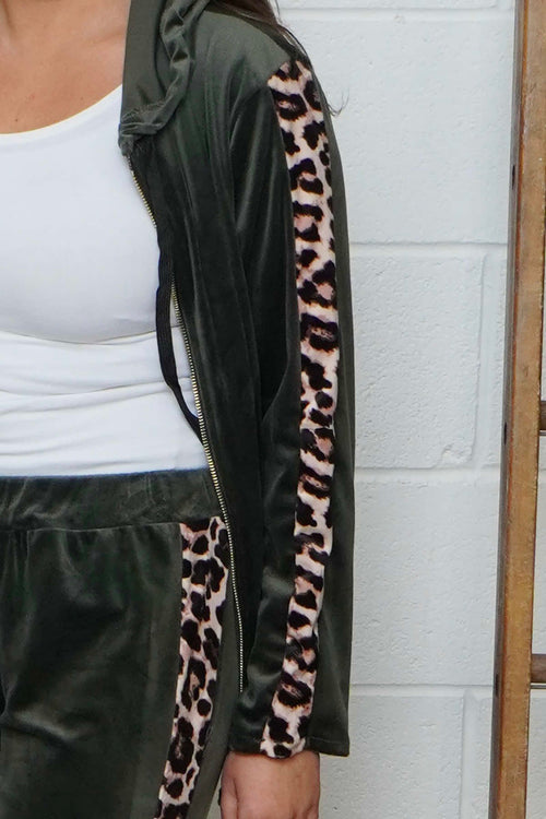 Rochelle Leopard Zip Hooded Top Khaki - Image 3