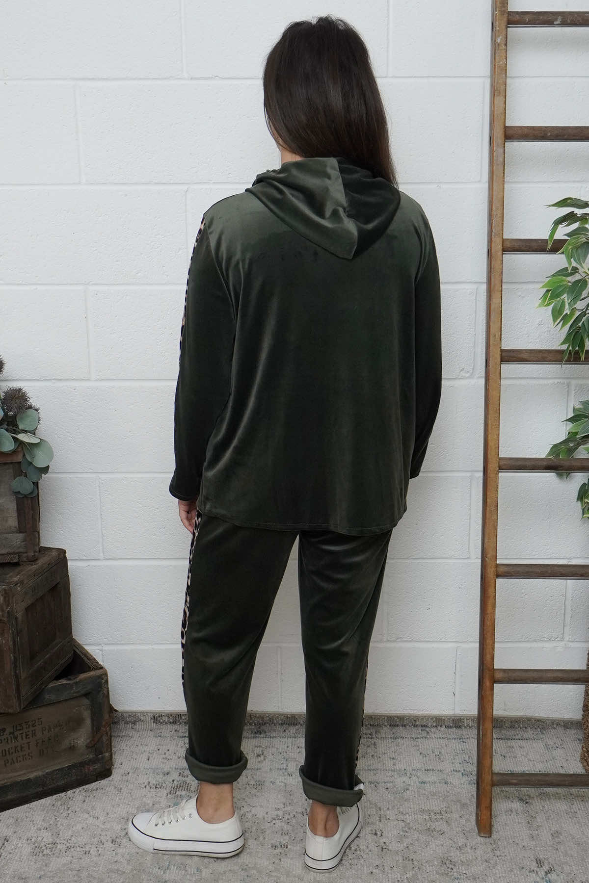 Rochelle Leopard Zip Hooded Top Khaki