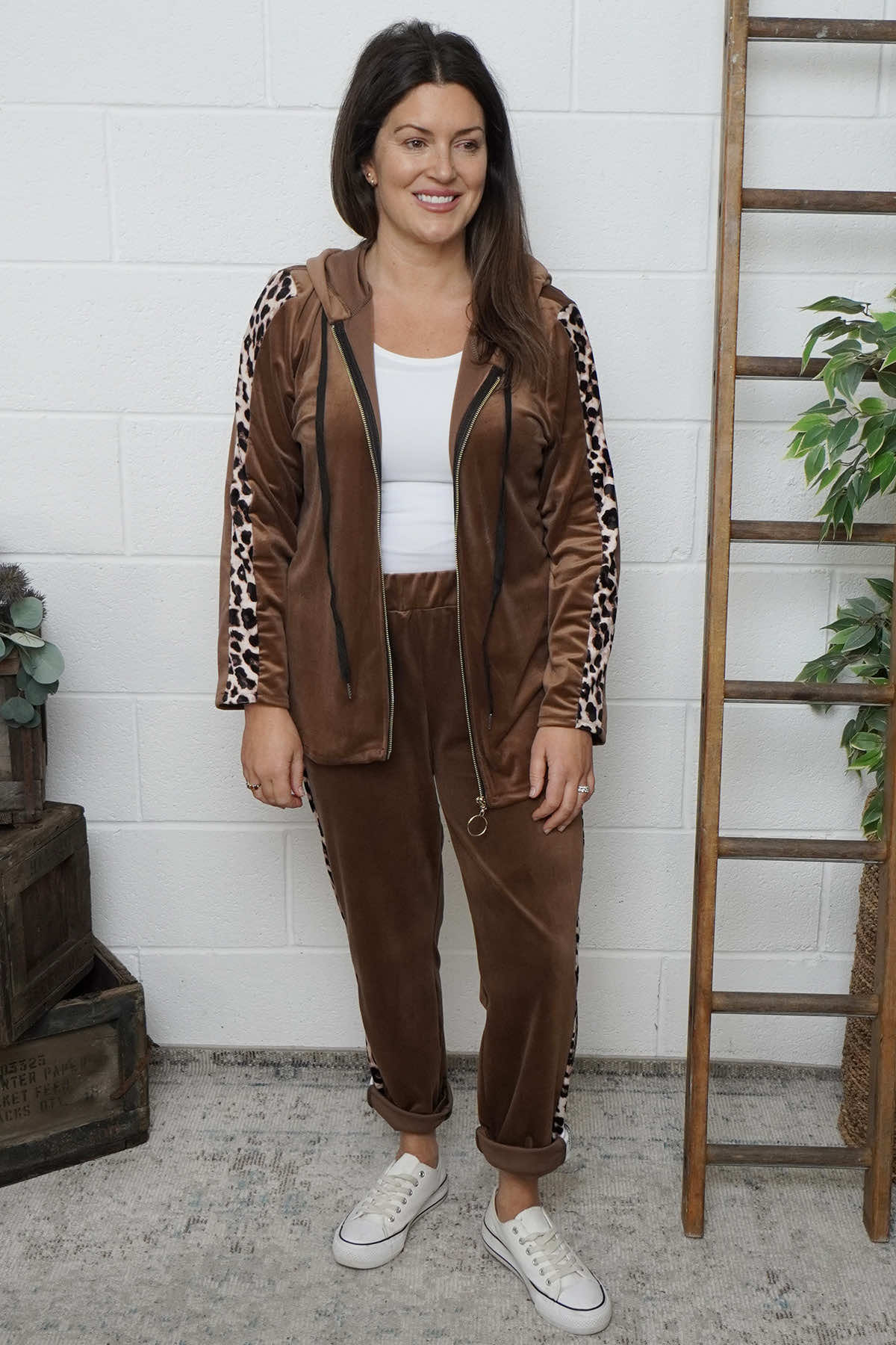 Rochelle Leopard Zip Hooded Top Nutmeg