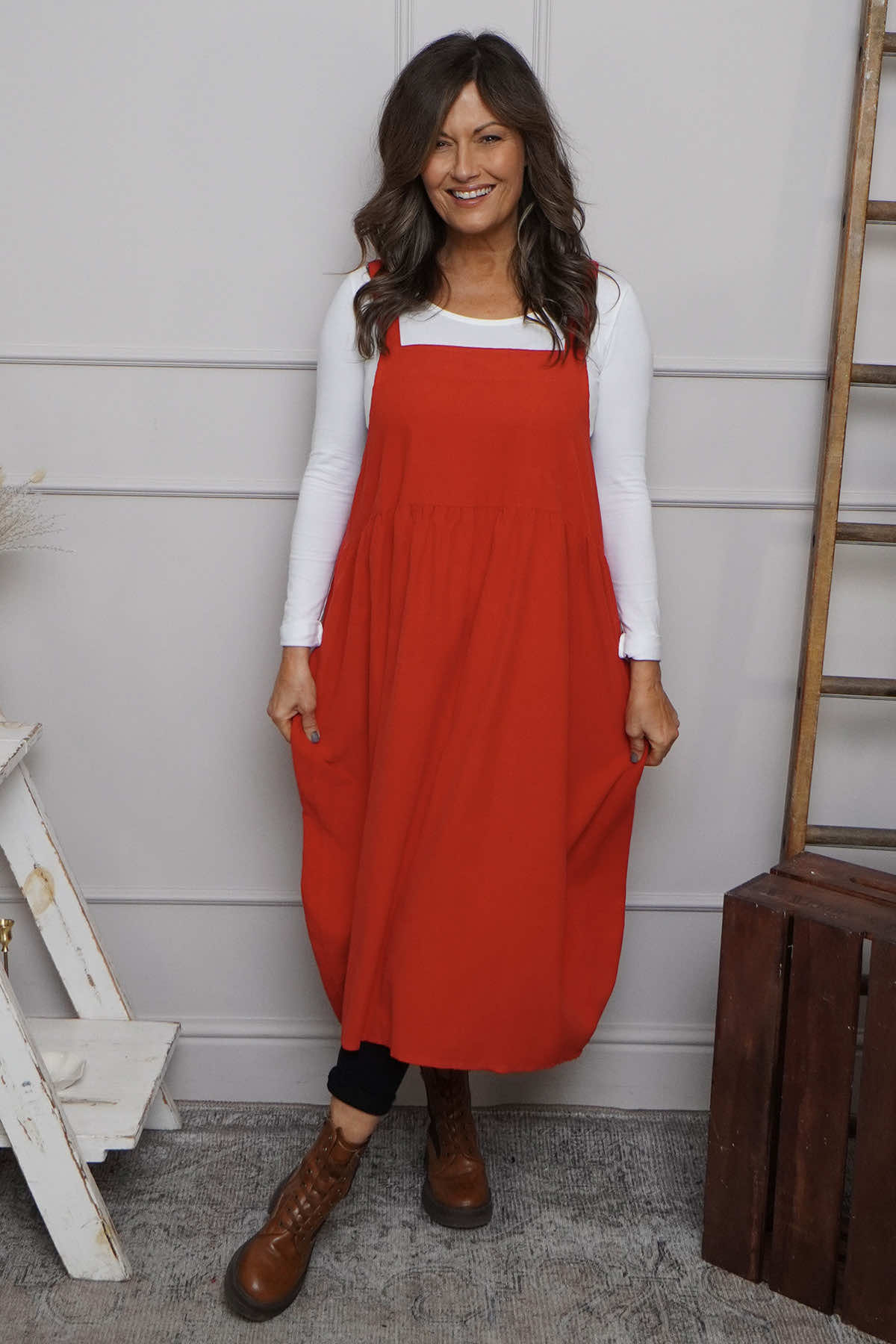 Meredith Needlecord Pinafore Red
