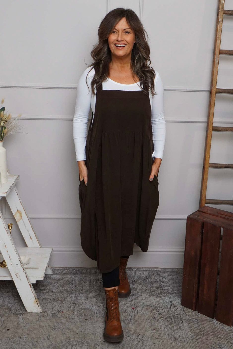 Meredith Needlecord Pinafore Cocoa