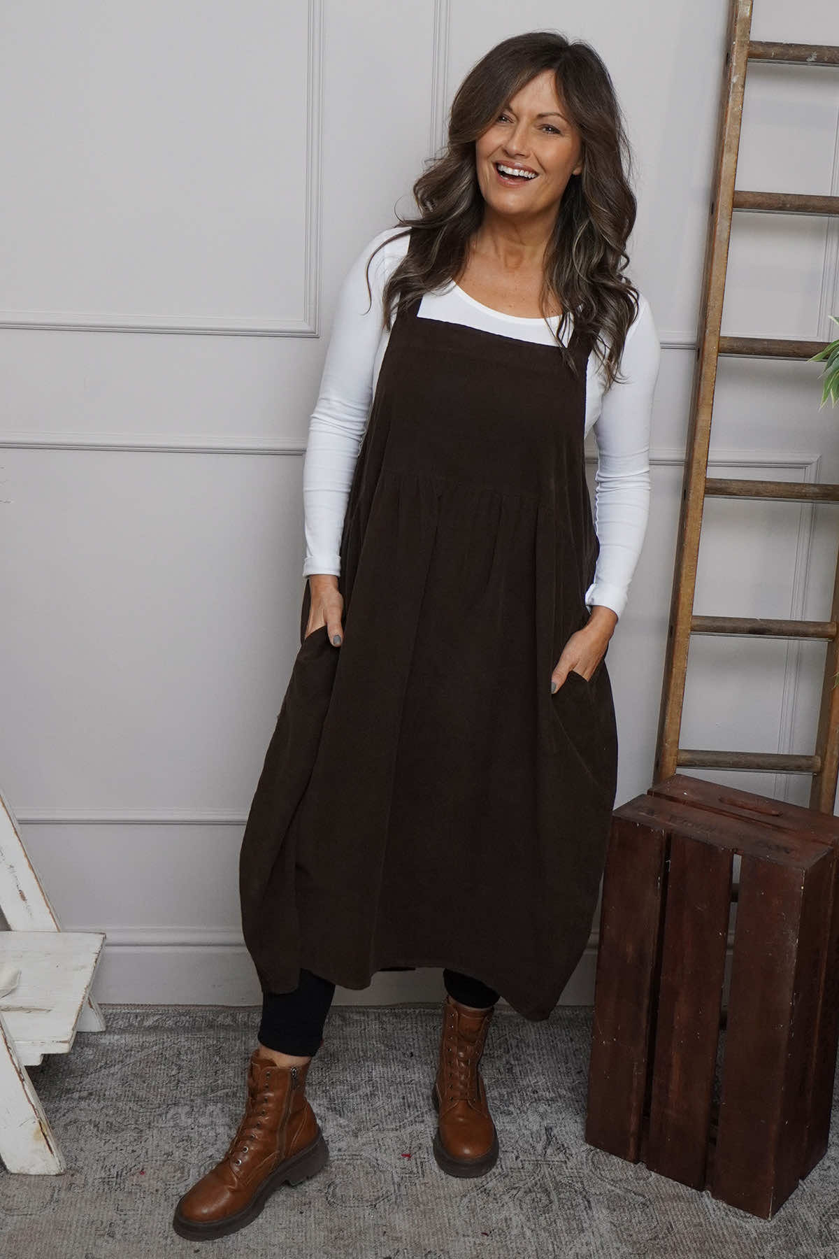 Meredith Needlecord Pinafore Cocoa