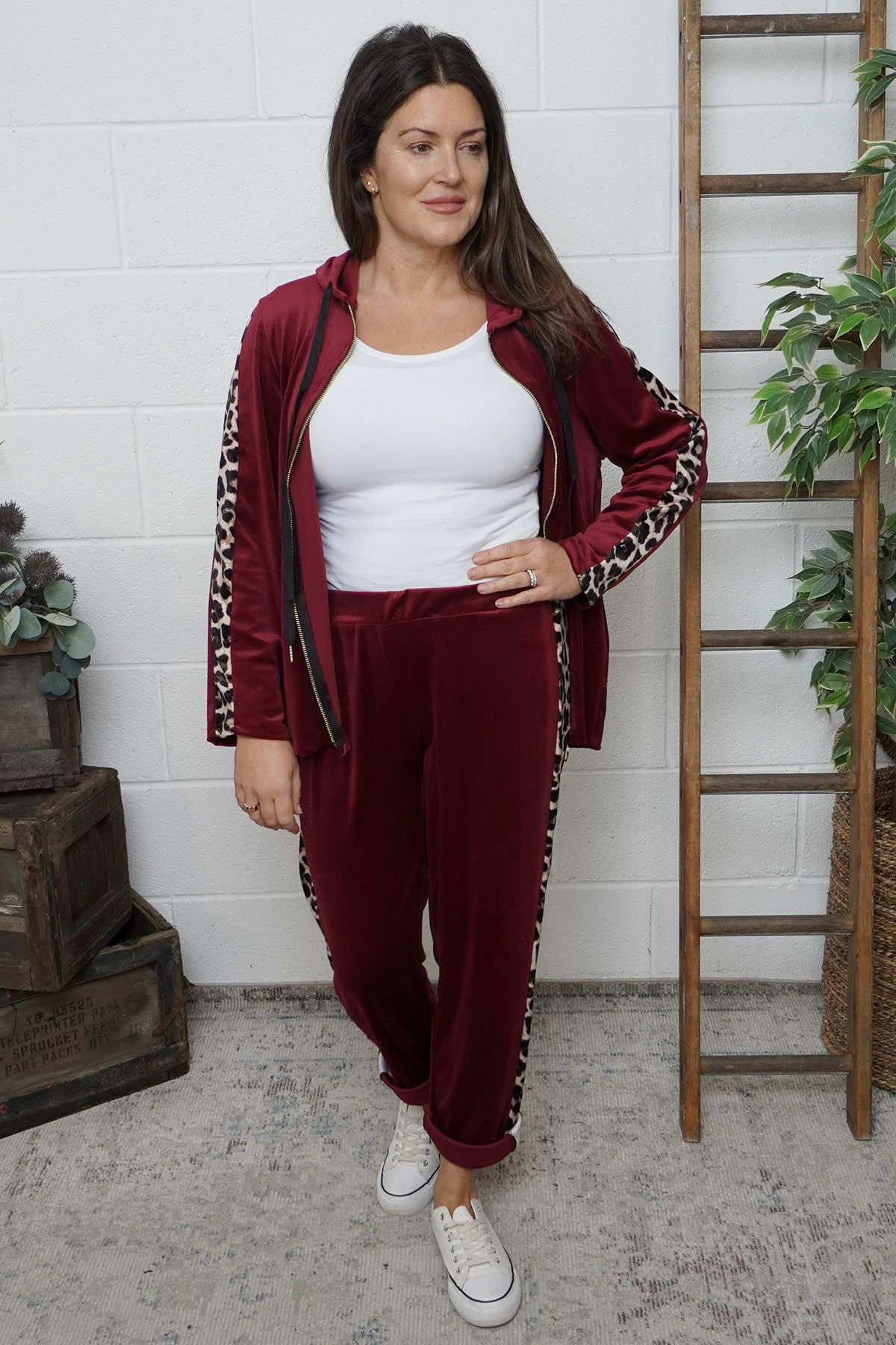 Rochelle Leopard Zip Hooded Top Wine