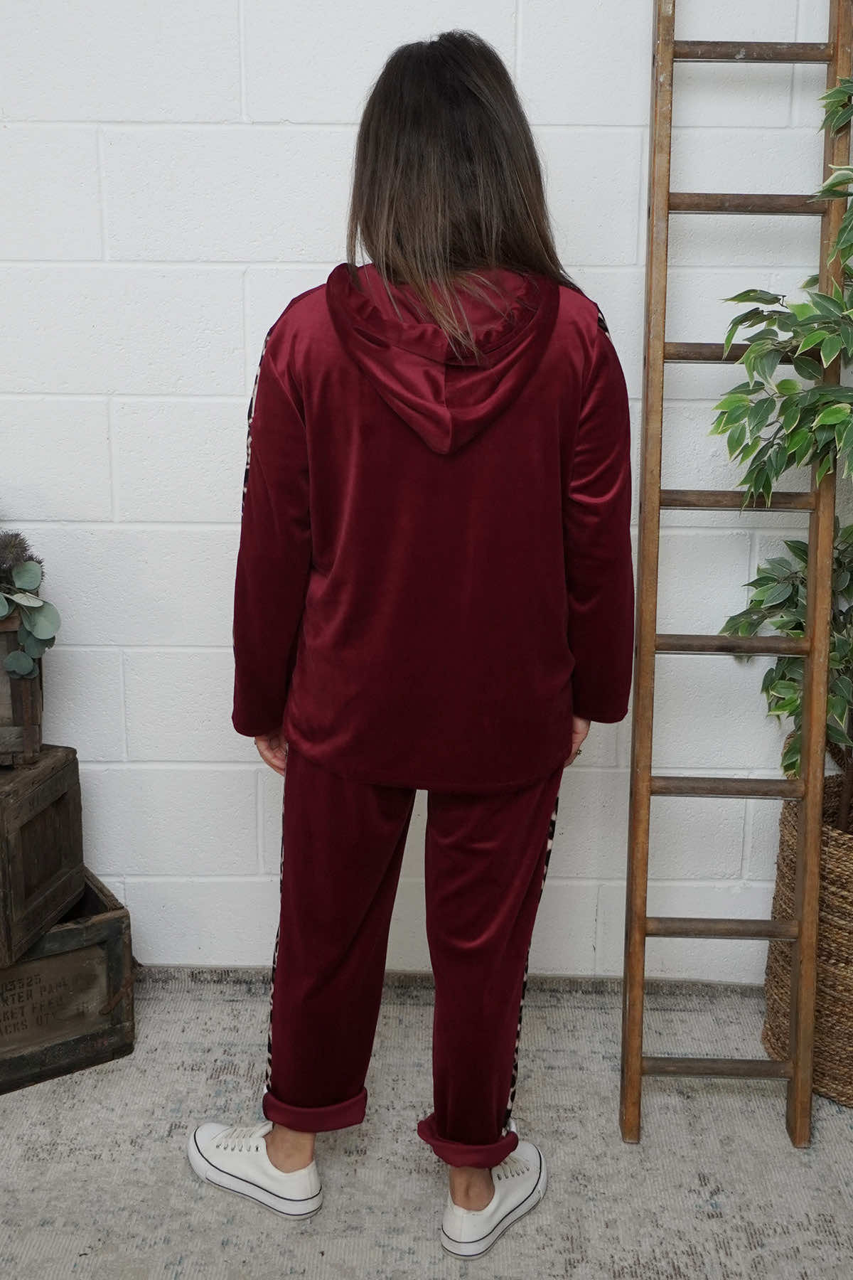 Rochelle Leopard Zip Hooded Top Wine