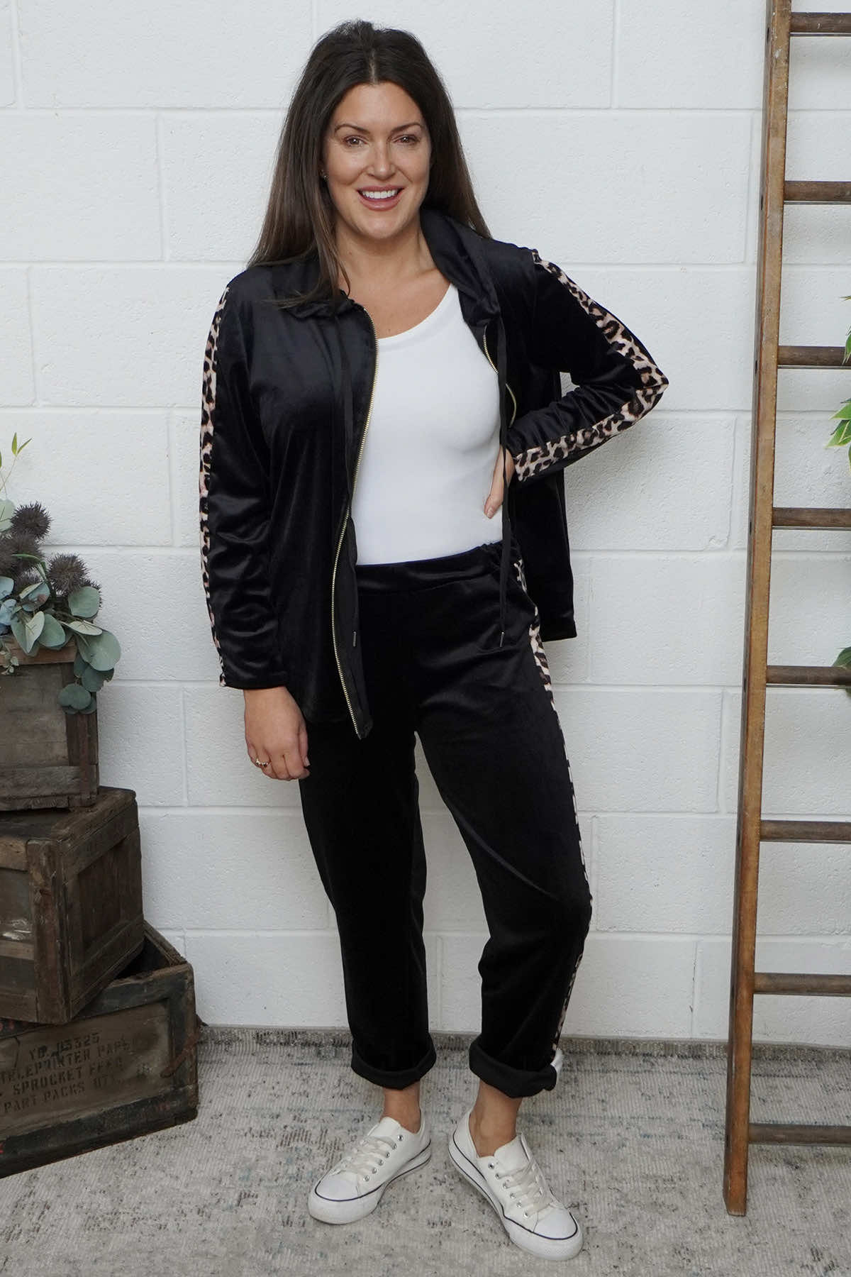 Rochelle Leopard Zip Hooded Top Black