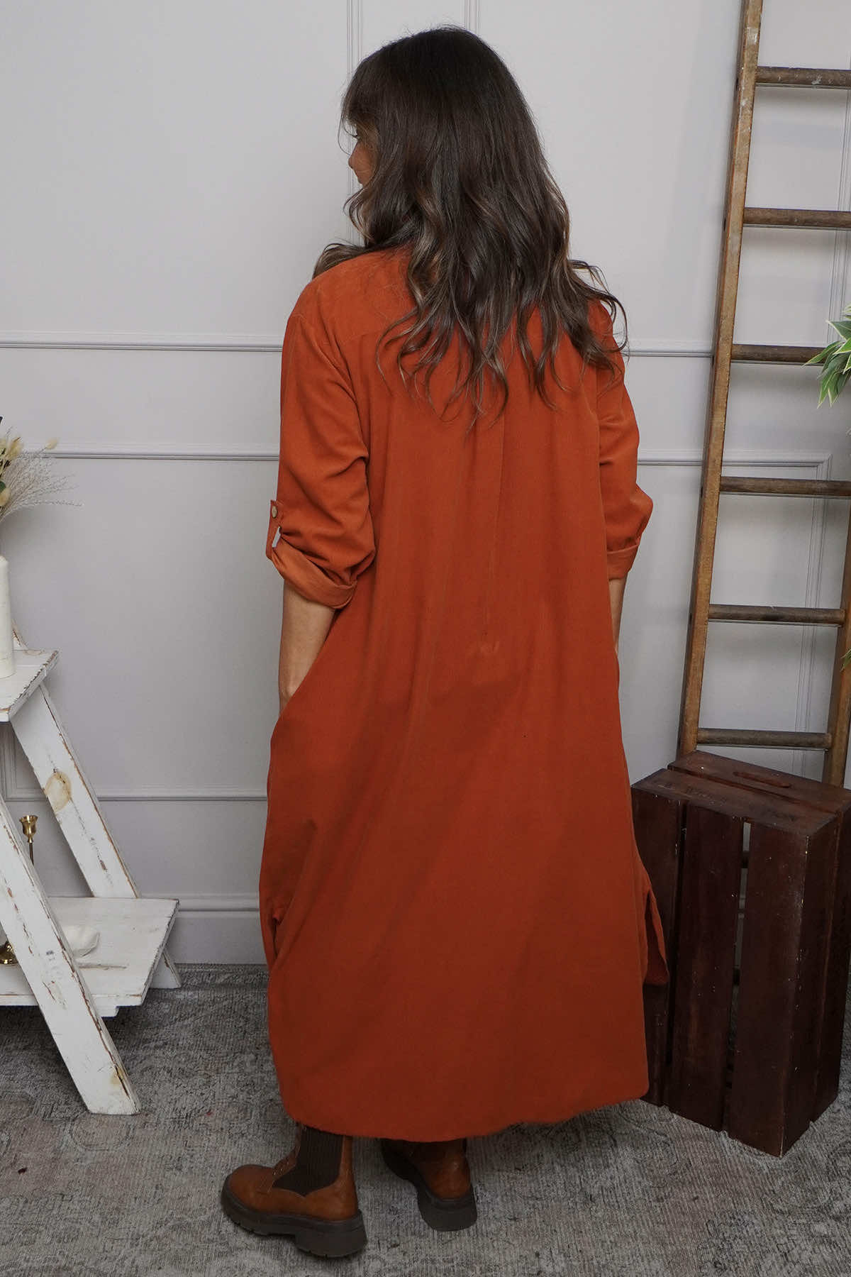 Tisha Needlecord Shirt Dress Burnt Orange