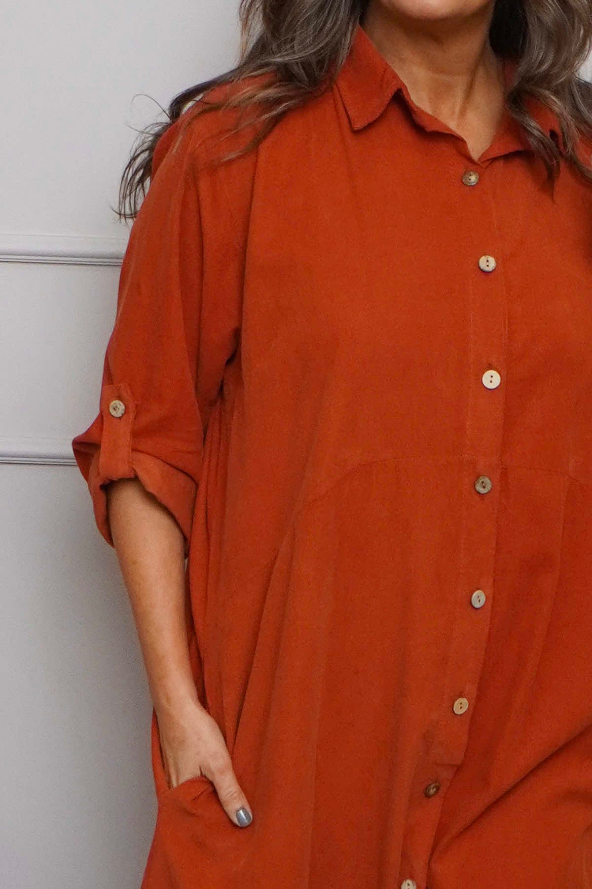 Tisha Needlecord Shirt Dress Burnt Orange