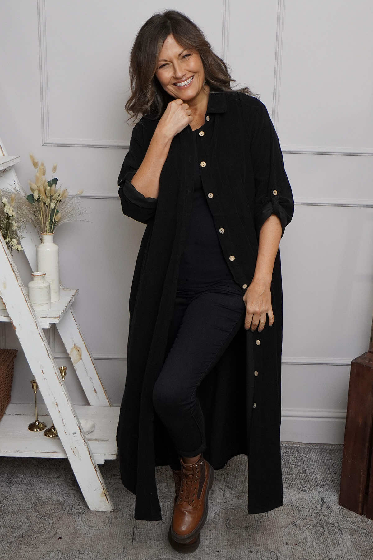 Tisha Needlecord Shirt Dress Black