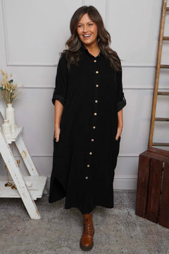 Tisha Needlecord Shirt Dress Black