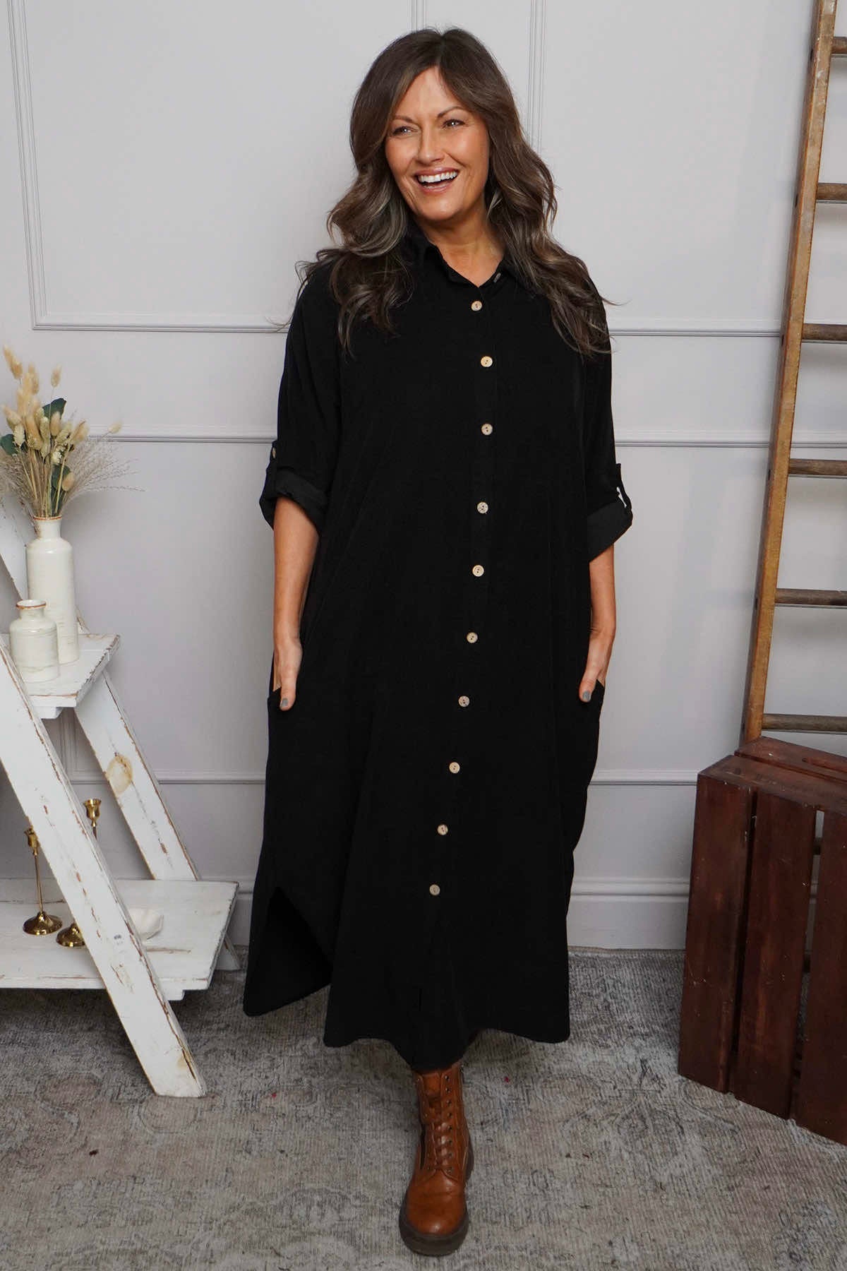 Tisha Needlecord Shirt Dress Black