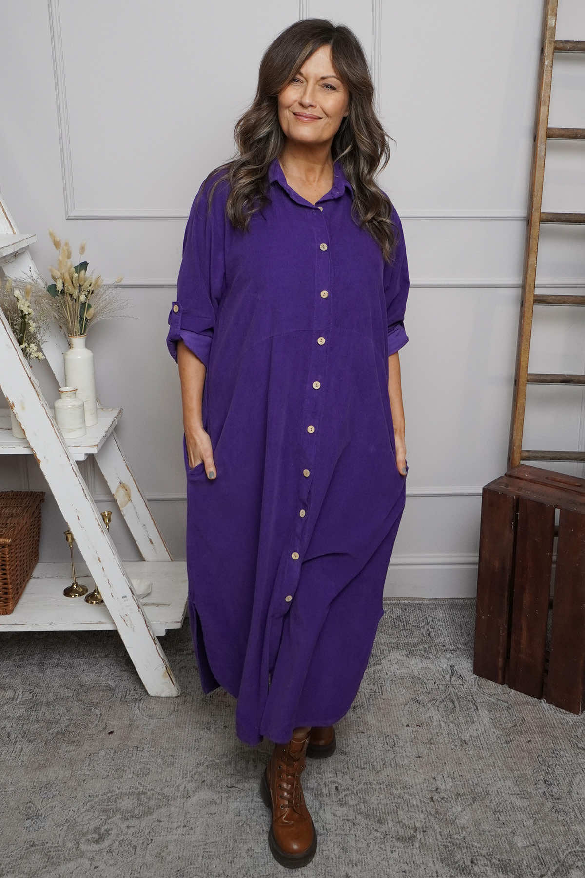 Tisha Needlecord Shirt Dress Purple