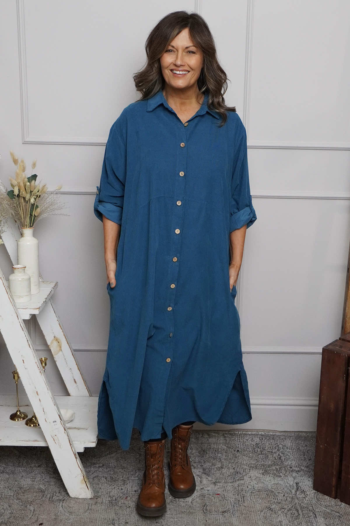 Tisha Needlecord Shirt Dress Teal