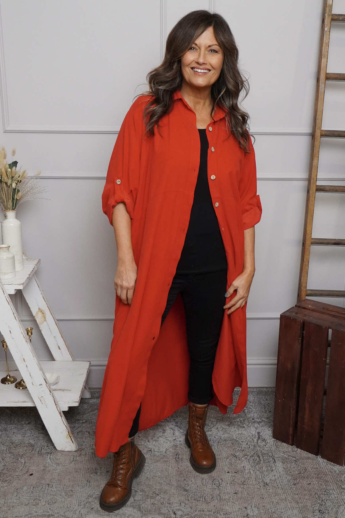 Tisha Needlecord Shirt Dress Red