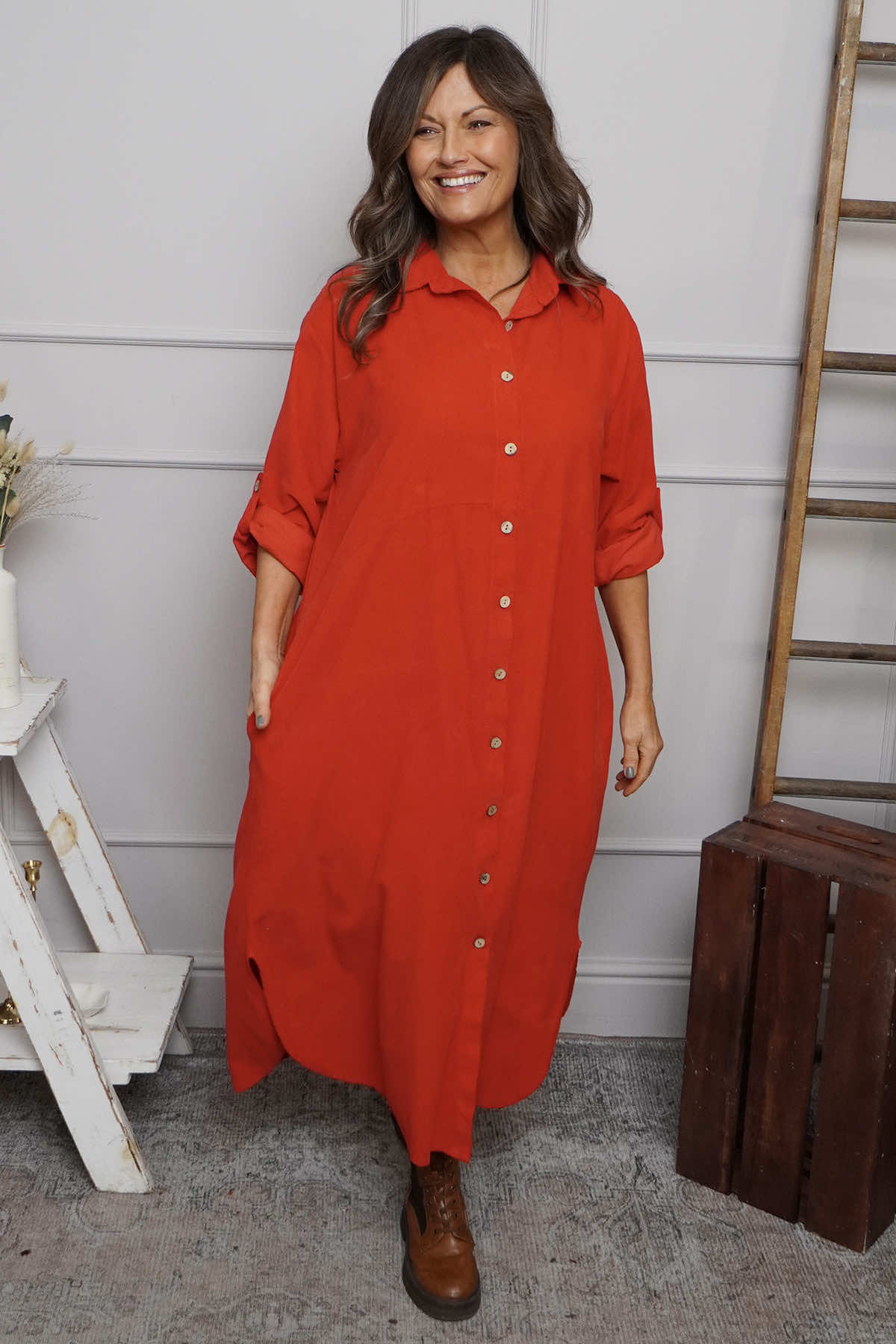 Tisha Needlecord Shirt Dress Red