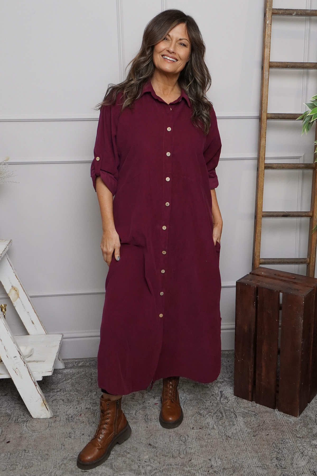 Tisha Needlecord Shirt Dress Wine
