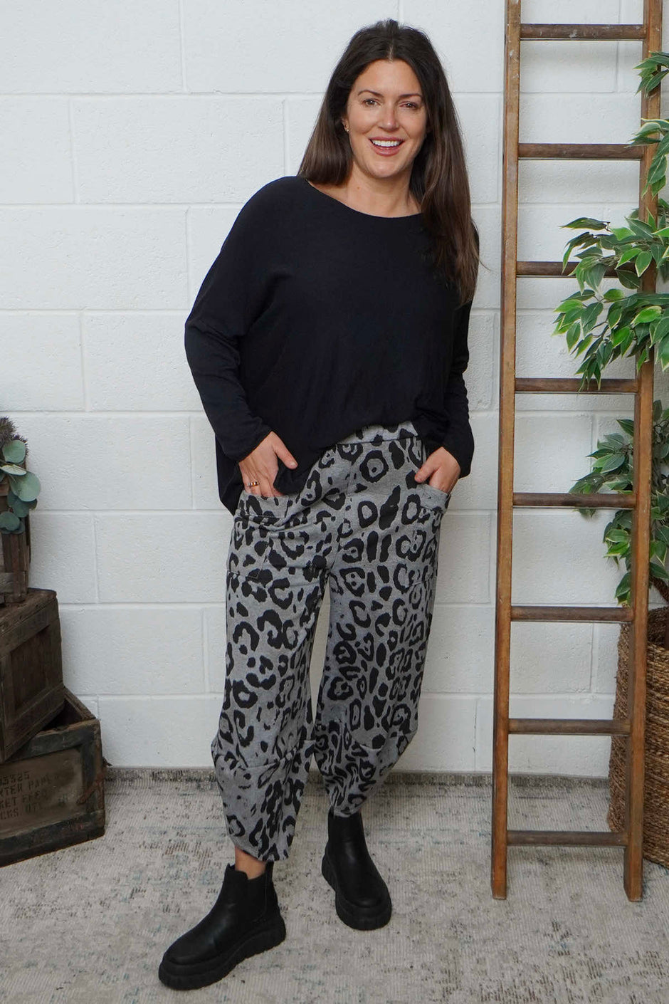 Nerissa Leopard Cotton Trousers Mid Grey