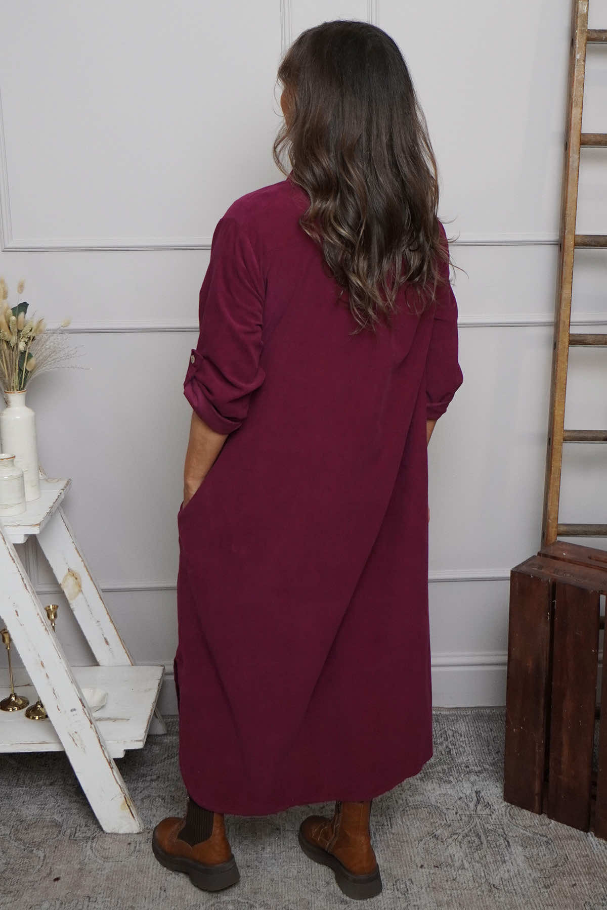 Tisha Needlecord Shirt Dress Wine