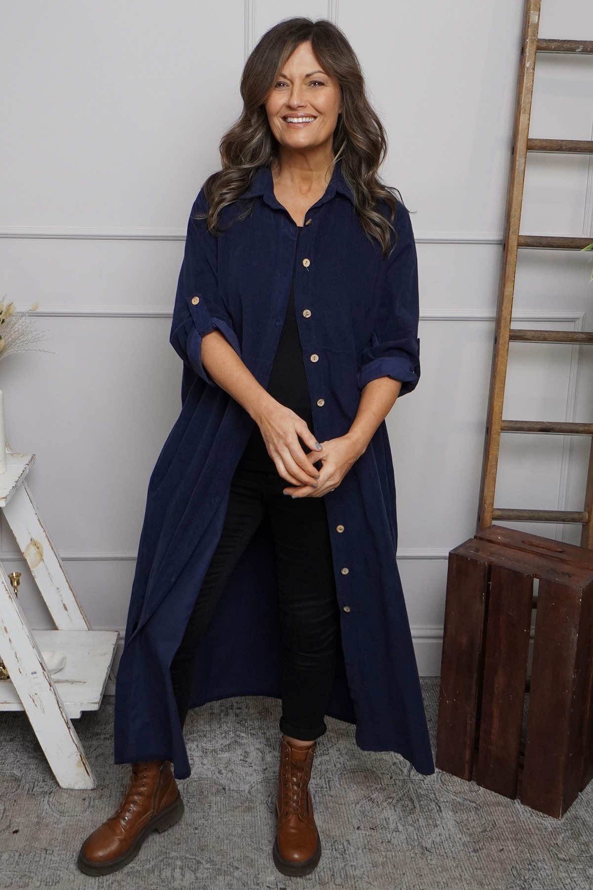 Tisha Needlecord Shirt Dress Navy