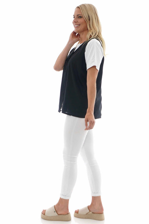 Safiya Tie Front Sleeveless Linen Top Black - Image 4