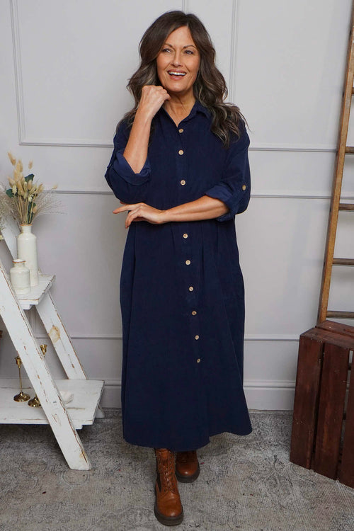 Tisha Needlecord Shirt Dress Navy