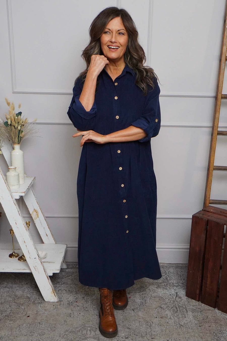 Tisha Needlecord Shirt Dress Navy