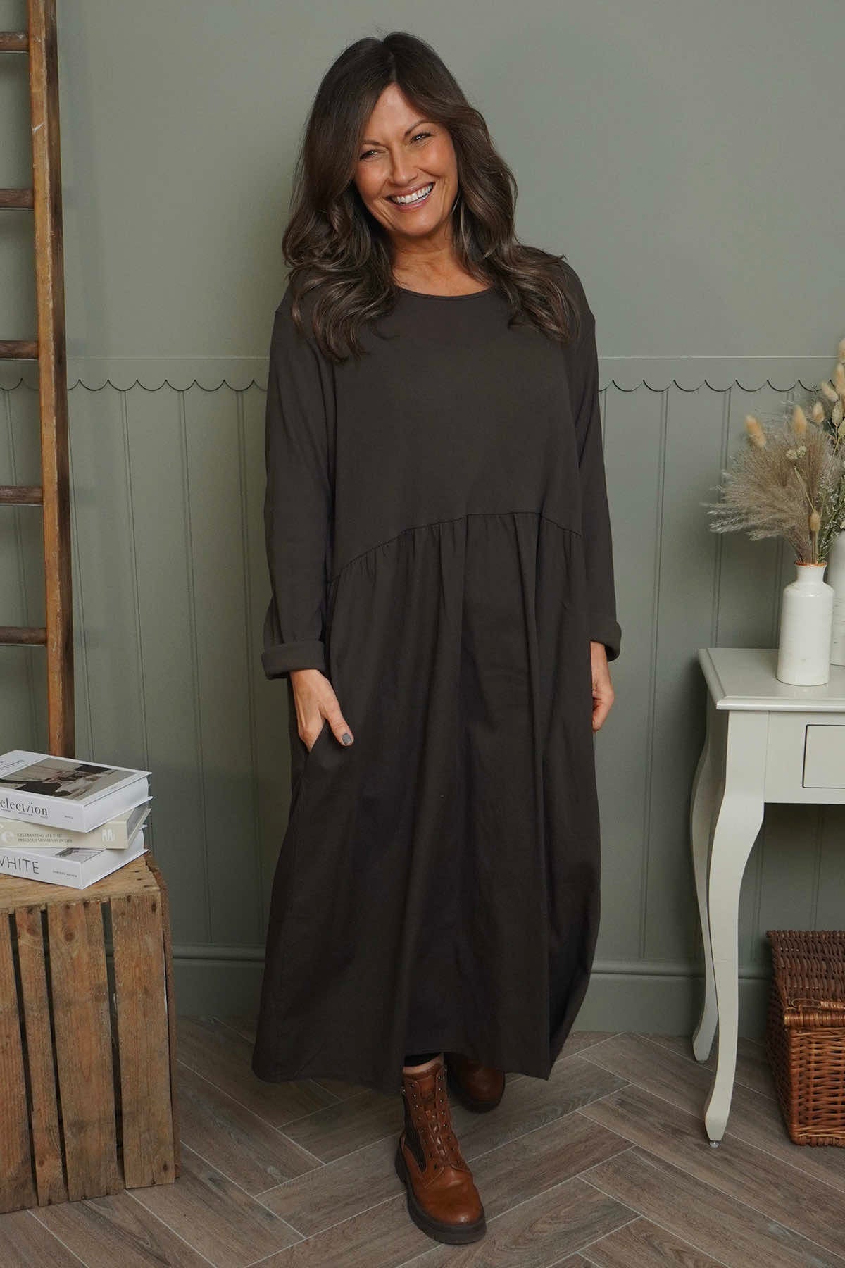 Tina Ribbed Detail Cotton Dress Cocoa