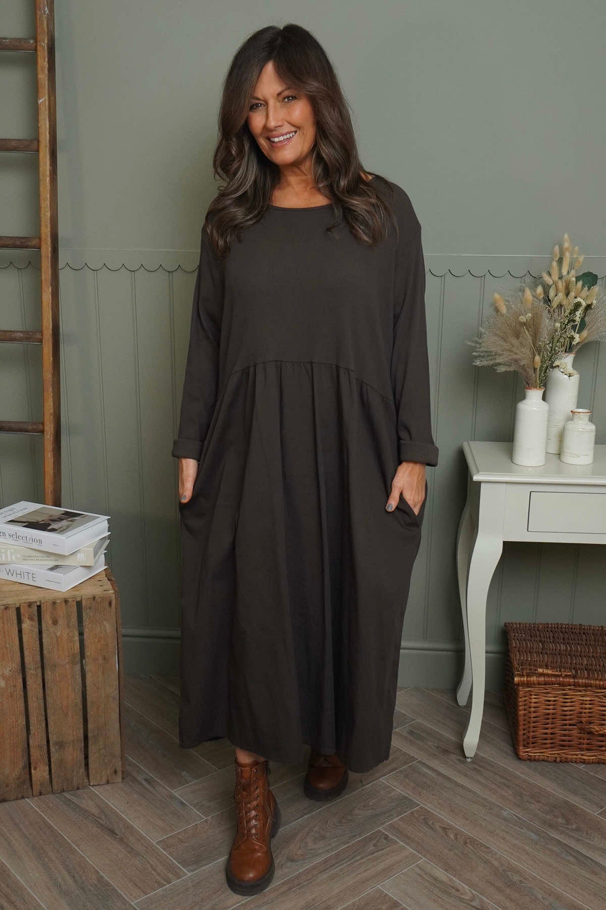 Tina Ribbed Detail Cotton Dress Cocoa