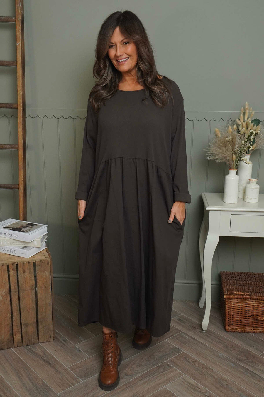 Tina Ribbed Detail Cotton Dress Cocoa