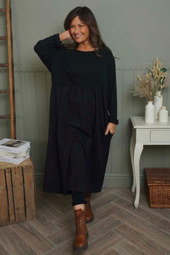 Tina Ribbed Detail Cotton Dress Black