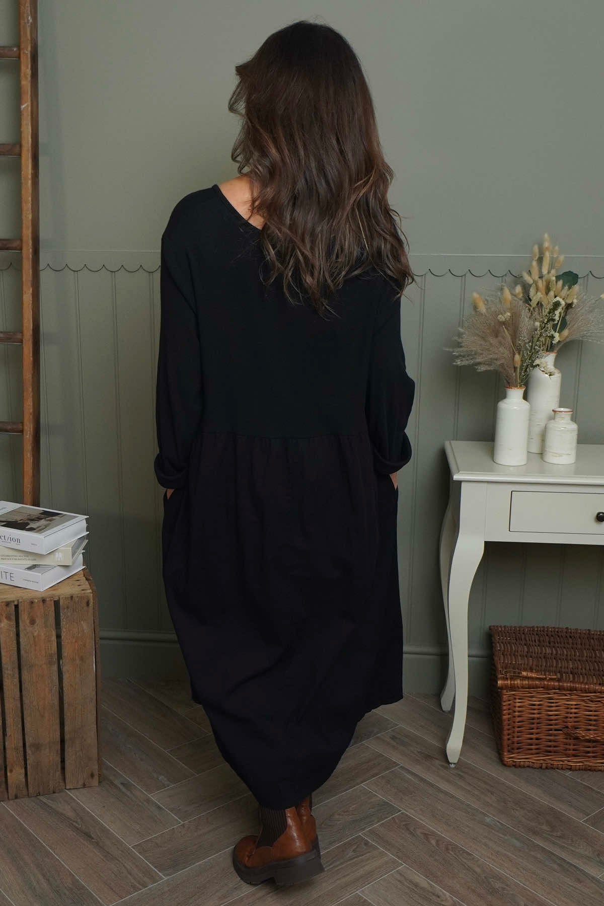 Tina Ribbed Detail Cotton Dress Black