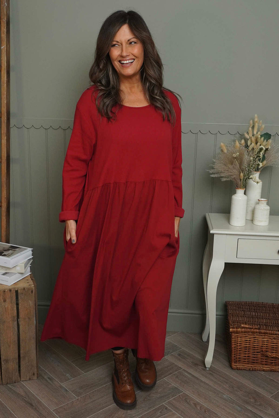 Tina Ribbed Detail Cotton Dress Red