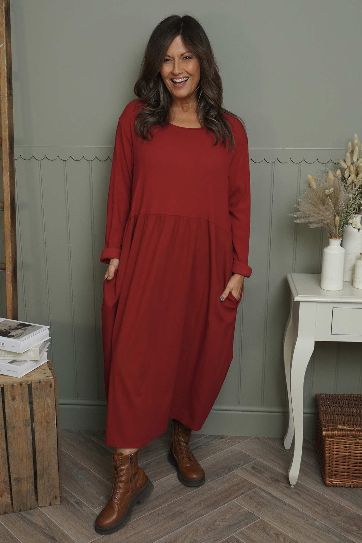 Tina Ribbed Detail Cotton Dress Red