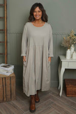 Tina Ribbed Detail Cotton Dress Stone Stone - Tina Ribbed Detail Cotton Dress Stone